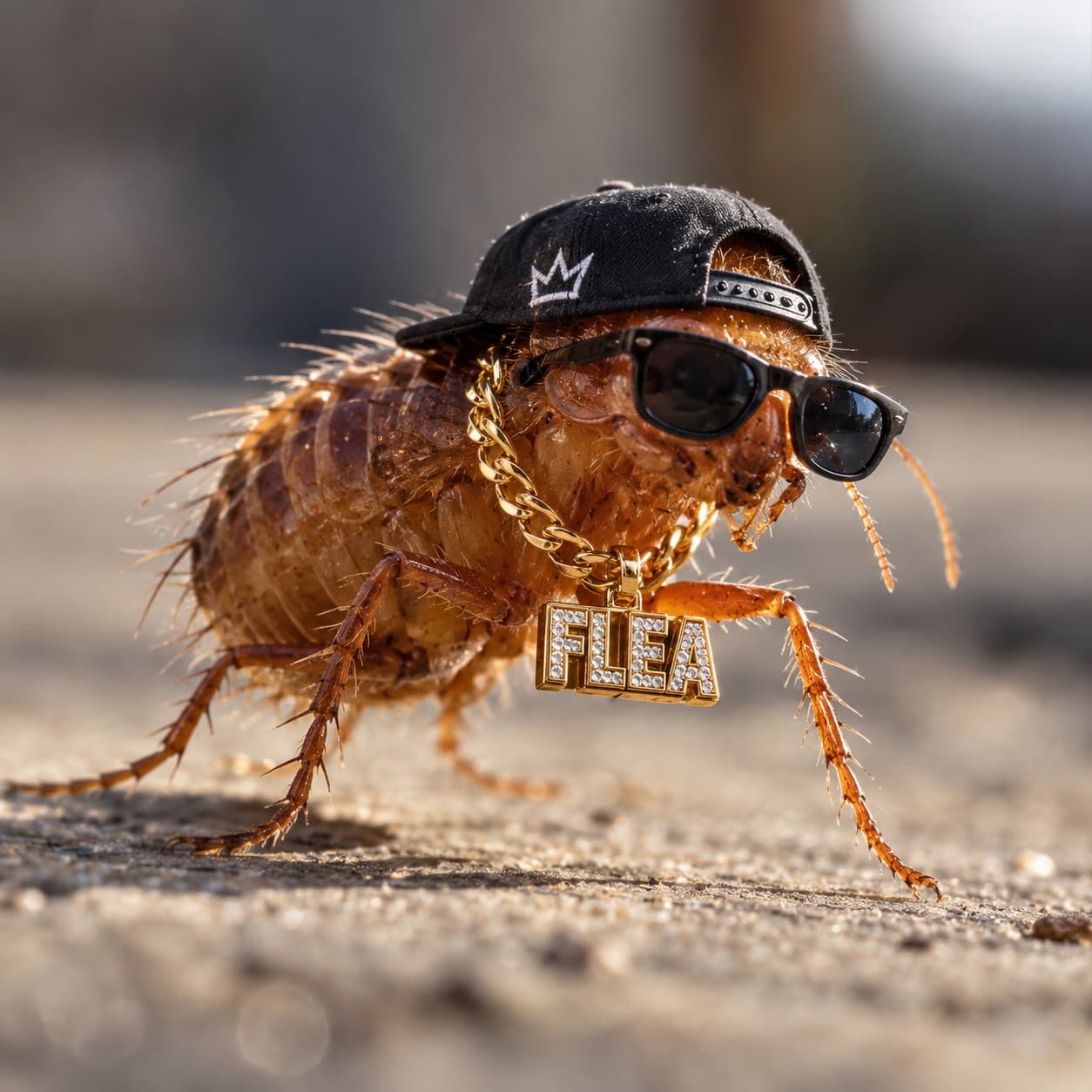 The FLEA — black crown cap, sunglasses and gold FLEA chain